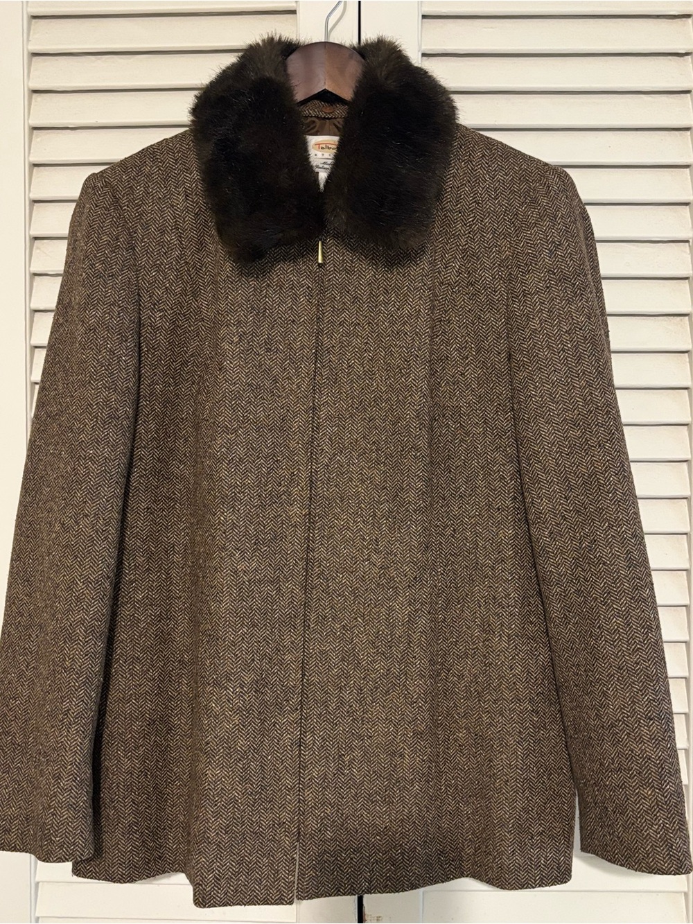 Talbots Wool Blend Herringbone Coat with Fur Collar - Brown